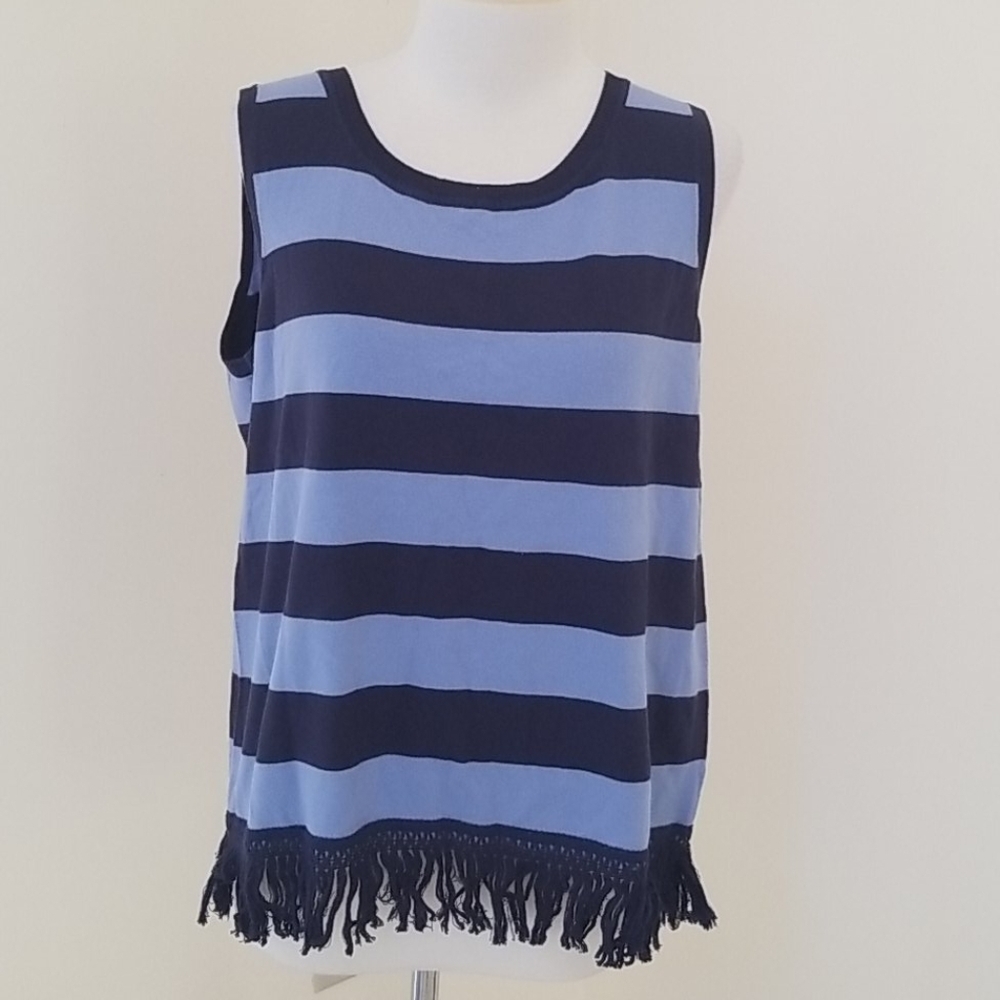 NWT! SAIL TO SABLE size large blue striped fringed top